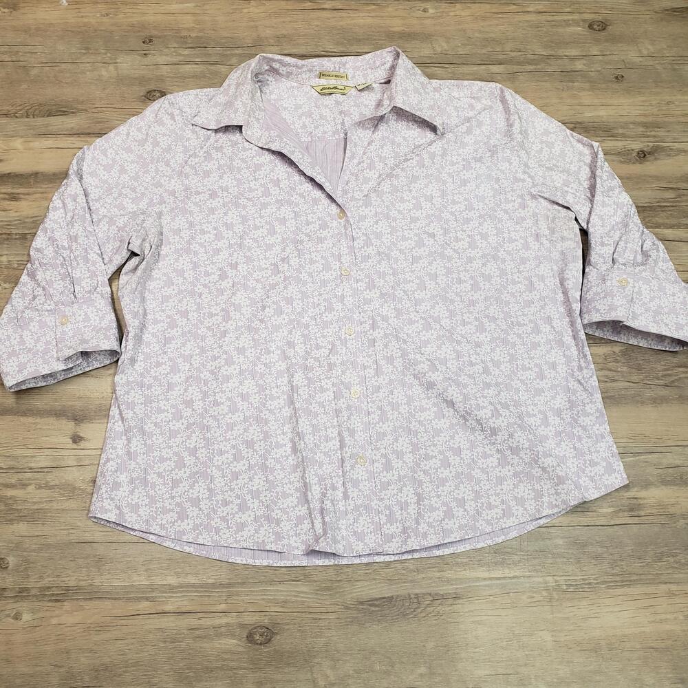 Eddie Bauer Shirt Womens XXL Purple Floral Wrinkle Resistant 3/4 Sleeve Top